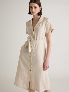 Quince European Linen Button-Front Tie-Waist Midi Dress Sand Medium short sleeve